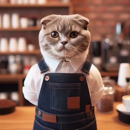 蘇格蘭折耳貓{毛色:卡布奇諾顏色},barista,cat coffee,cat's cafe,waiting staff,cute coffee,bartender,latte art,vintage cat,cat drinking tea,a buy me a coffee,waiter,mocaccino,macchiato,chef's uniform,cute cat,tea part