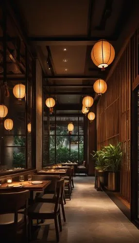 Modern Asian fusion restaurant, luxurious interior design, dimly lit ambiance, wooden accents, elegant lanterns, minimalist decor, natural stone walls, floor-to-ceiling windows, cityscape view, bustli