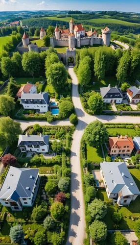 A  modern village with a dirt path, next to trees and plants and beyond the simple houses, also with one or two floors. And in the background there is a big castle.

,escher village,rügen island,rubje