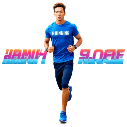 Motivational poster, colorful background, bold fonts, inspirational quotes, running man, determined facial expression, sweaty muscles, sporty outfit, athletic shoes, dynamic pose, energetic atmosphere