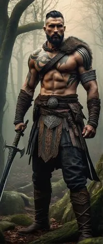 Goliath, fantasy warrior, muscular male, 7ft tall, fierce expression, scar above left eyebrow, short beard, braided hair, intricate tribal tattoos, leather armor, fur loincloth, giant sword, standing 