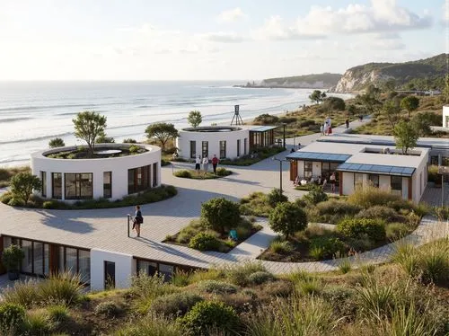 Eco-friendly coastal charging station, social housing complex, ocean-inspired architecture, wave-like rooftops, solar panels, wind turbines, green roofs, recycled materials, minimalist design, natural