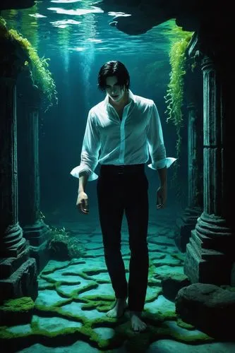 Underwater scene, mysterious dark atmosphere, glowing bioluminescent plants, ancient ruins in the background, a male vampire, pale skin, sharp fangs, piercing red eyes, wet black hair, flowing white s