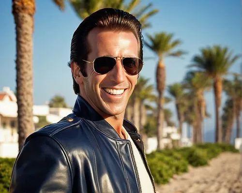 Fonzie, happy expression, thumbs up, iconic cool guy, 50s-60s style, slicked back hair, sunglasses, leather jacket, blue jeans, casual walking, palm trees, sunny beach, California vibe, warm lighting,