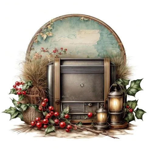 a drawing of an old fashioned radio surrounded by holly leaves,christmas globe,christmas fireplace,retro christmas,christmas vintage,antique background,christmas travel trailer