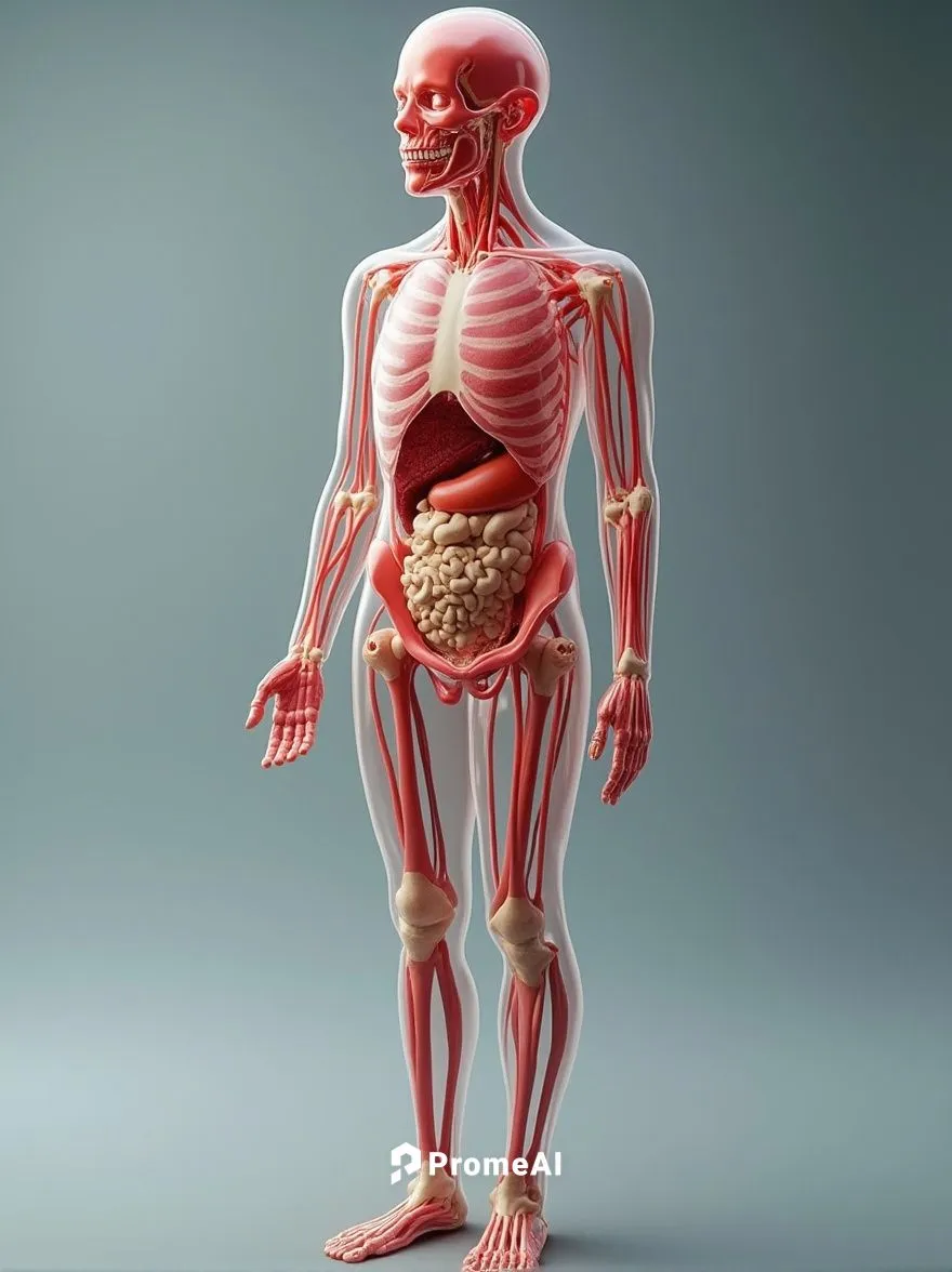 a human body, with clear transparent skin, showing the internal organs inside the body,the human body showing muscles and skeletal structure,human digestive system,digestive system,the human body,micr