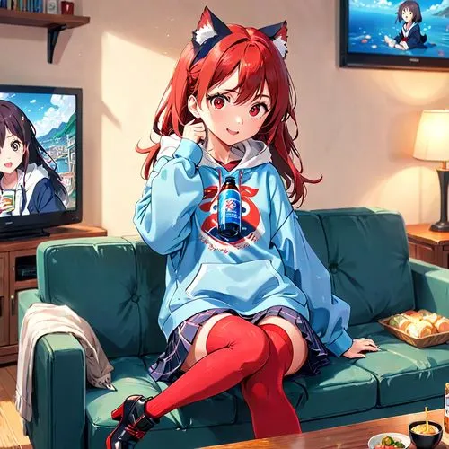 anime japanese clothing,suzumiya,pajama,tv set,hikikomori,himeko,red blue wallpaper,anime 3d,calico cat,playstation,kantai collection sailor,kumiko,pajamas,tv,calico,riruako,pyjama,gou,on the couch,gamer,Anime,Anime,Realistic