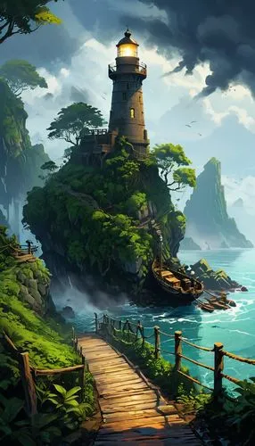 an island far away landscape,cliffside,cartoon video game background,lighthouse,landscape background,fantasy landscape,lighthouses,coastal landscape,myst,islet,isole,islands,sea landscape,background design,petit minou lighthouse,the island,light house,cliffs ocean,fantasy picture,cliffsides,Conceptual Art,Oil color,Oil Color 12