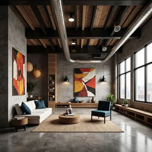 loft,modern decor,contemporary decor,interior modern design,interior design,modern living room,living room,interior decoration,lofts,concrete ceiling,livingroom,interior decor,minotti,modern room,apartment lounge,hardwood floors,home interior,great room,penthouses,wooden beams