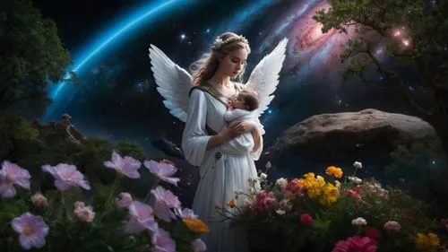 Noah's Ark,  trees, flowers, Andromeda nebula, ,the image depicts a woman holding a child and flying in space,fantasy picture,love angel,maternal,angel girl,angel wing,faerie