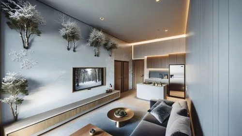 This photo features the living room and small kitchen of a hotel suite located in Puli, Taiwan. 
The design integrates elements of winter, Switzerland, and the tranquil atmosphere of the mountains, 
e