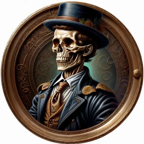 there is a painting of a skeleton wearing a hat,skulduggery,skullduggery,skelton,pocketwatch,memento mori,vintage skeleton