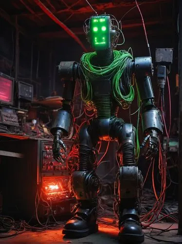 Ugly AI robot, bulky metal body, exposed wires, rusty bolts, neon green glow from eyes, messy hair-like cables on head, thick black boots, standing, abandoned laboratory, old computers, broken machine