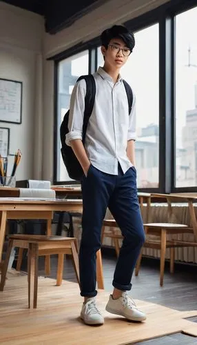 senior high school student, boy, mature, (18yo), short black hair, glasses, casual wear, white shirt, dark blue pants, sneakers, backpack, walking, architectural model, drafting table, pencils, ruler,