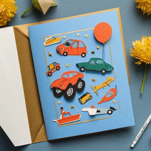 Craft a playful birthday card with your son's favorite hobbies and interests.,birthday card,greeting card,father's day card,greeting cards,kids illustration,kraft notebook with elastic band,greetting 