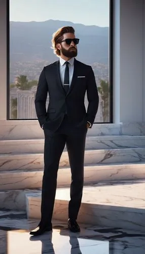 Modern minimalist villa, wealthy businessman client, 40s, confident posture, black suit, white shirt, tie, sunglasses, beard, messy hair, luxurious interior, marble floor, grand staircase, high ceilin