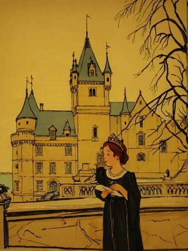 The painting depicts a young princess standing majestically in front of her father's magnificent castle. The castle rises up in the background.
The princess herself is dressed in a simple black gown a