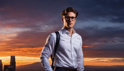 Masculine bachelor, 30s, short brown hair, stylish glasses, fitted white shirt, dark blue trousers, black leather shoes, holding a large portfolio, standing in front of a sleek modern skyscraper, Grif