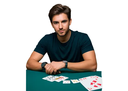 Casual male player, 30s, relaxed posture, messy brown hair, no glasses, slight beard, casual wear, plain white t-shirt, worn jeans, sneakers, playing poker, hands on table, chips and cards in front, d