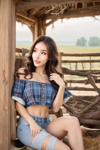 半裸體在馬槽,woman sitting on a fence posing for a picture,countrygirl,farm girl,farm background,cowgirl,countrie,countrified