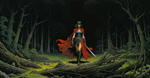 a woman standing in the woods holding a sword,the enchantress,sorceress,elfquest,darth talon,barlowe,hellstrom,Conceptual Art,Daily,Daily 09