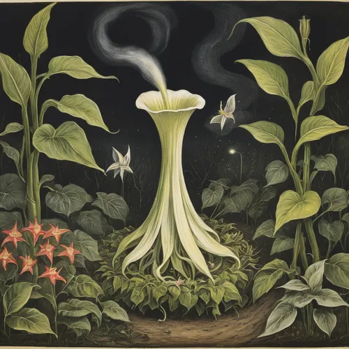 Craft a heartwarming story about an angel's trumpet blooming in an abandoned garden.,jack-in-the-pulpit,fairy chimney,brugmansia,amaryllis,amaryllis family,titan arum,giant white arum lily,dutchman's 