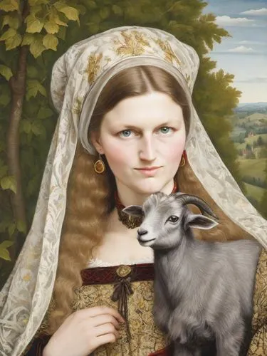 (a noble woman in a medieval dress of the 15th century with a small gray goat: 1.5), (on the woman’s head there are bifurcated gothic hat in Aries style tied with ribbons and a veil: 1.4), (the woman 