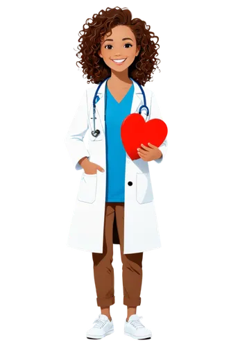 Cute doctor, Clipart style, Cartoonish, Smiling face, Curly brown hair, White medical coat, Stethoscope around neck, Blue scrubs, Sneakers, Holding red heart-shaped clipboard, Standing pose, Soft focu