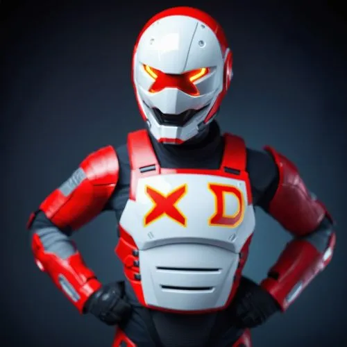 A character with armor in a combat stance, his helmet has an X-shaped visor, and his mouth is shaped like a D, as if it were a smile. His chest is written XD
Tokusatsu character, the humanoid characte