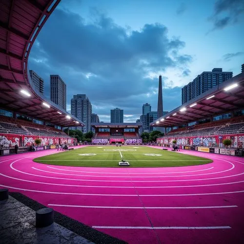 Vibrant fuchsia-colored athletic tracks, urban sports fields, sleek modern stadium architecture, bold geometric patterns, bright artificial turf, dynamic floodlights, cloudy blue sky, dramatic citysca