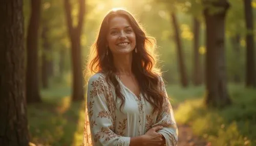 Mature lady, gentle smile, wavy brown hair, natural makeup, earth-toned clothing, flowing white dress, leaf-patterned shawl, standing, forest surroundings, tall trees, sunlight filtering through leave