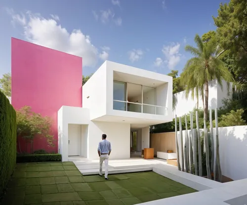 a man stands outside of a large, modern home,residencial,3d rendering,piramal,prefab,dreamhouse,modern house