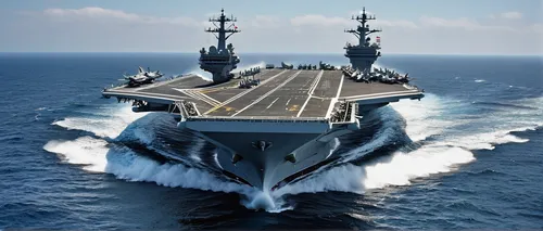 aircraft carrier, military vessel, detailed deck, fighter jets parked, crew members in uniform, dynamic ocean waves, clear sky, midday sun, realistic textures, steel structure, anti-slip surface, comm