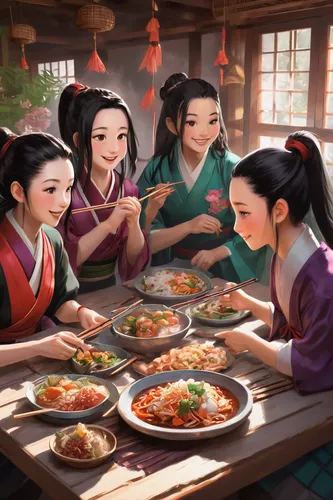 Craft a heartwarming Nezuko fanart where she is happily sharing a meal with Tanjiro and their friends.,korean royal court cuisine,korean culture,hanbok,korean cuisine,korean chinese cuisine,asian cult