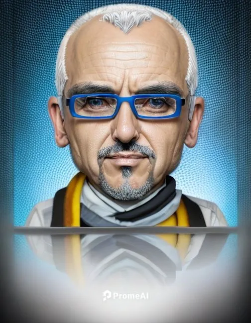 67 yeer old French man, grey eyes, blue rimmed eyeglasses, short white receding hair, goatee,  condescending,,engineer,sigma,portrait background,custom portrait,admiral von tromp,3d man,spy-glass,karl