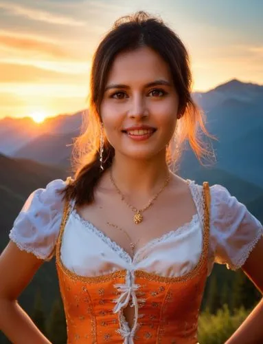 the sky is ablaze with oranges and pinks as a delicate caucasian girl with long, flowing black hair, warm brown eyes, and piercing orange eyes stands tall in the heart of an ancient mountain range. Th