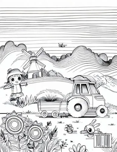 car drawing,illustration of a car,hand-drawn illustration,coloring page,mono-line line art,post-apocalyptic landscape,book illustration,arid landscape,camera illustration,caravan,mono line art,travel 