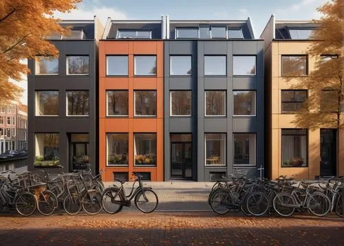 Modern Dutch architecture, contemporary building, sleek lines, minimalist facade, large windows, steel frames, wooden accents, flat roof, urban setting, Amsterdam cityscape, canal houses, bicycles par