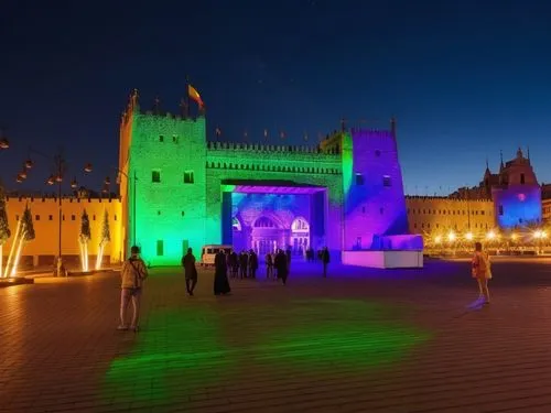 Night view with laser projection mapping with vivid colors on the building structure,people are standing on the brick walkway and a big building with lights in front of it,crown palace,qaitbay,baku,ha