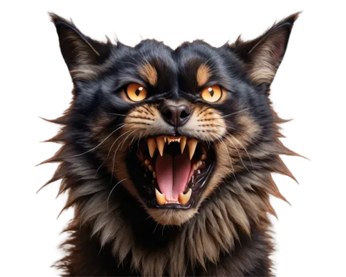 Scary animal, sharp teeth, glowing eyes, fur texture, muscle structure, midnight black background, low-key lighting, intense facial expression, claws outstretched, ferocious roar, 3/4 composition, cin