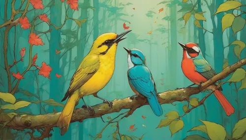 Describe a serene forest with colorful birds singing melodiously.,birds on a branch,tropical birds,birds on branch,colorful birds,bird painting,couple macaw,toucans,songbirds,passerine parrots,golden 