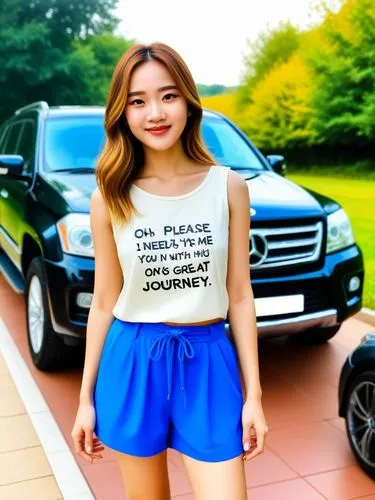 Oh please, I need you to take me with you on your great journey!,a woman stands in front of her car,hyoty,car model,esna,girl and car,kia car,poki