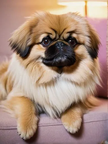 Blonde, Pekingese, cute, small, fluffy, curly fur, pink nose, big brown eyes, sweet facial expression, delicate features, soft toys, sitting, indoor, cozy room, wooden floor, comfortable sofa, warm li