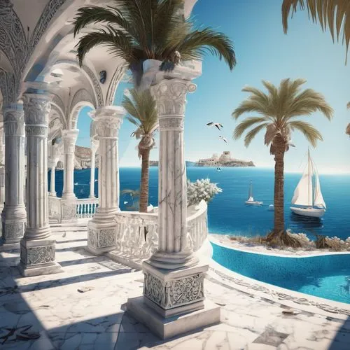 3d rendering,cryengine,marble palace,cyclades,virtual landscape,derivable,holiday villa,water palace,atlantica,beachfront,paradisus,sansar,seaside resort,3d render,3d rendered,pillars,archways,riviera,lybia,archly,Illustration,Black and White,Black and White 11