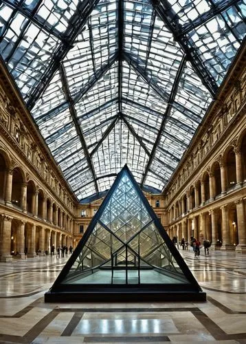 Louvre Museum, Paris, France, glass pyramid entrance, ornate stone walls, grand staircase, high ceilings, Renaissance Revival style, intricate carvings, marble floors, subtle lighting, evening, warm t