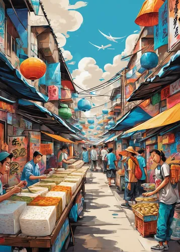 Write a story about a rice paper roll contest in a bustling street market.,market,fruit market,the market,namdaemun market,vegetable market,large market,marketplace,souk,fish market,vendors,world digi