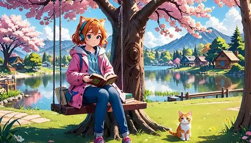 japanese sakura background,sakura background,spring background,girl and boy outdoor,springtime background,rukia,girl with dog,boy and dog,hanami,cute cartoon image,children's background,pippi,orihime,butka,annie,landscape background,natsume,background image,love background,autumn background,Anime,Anime,Traditional