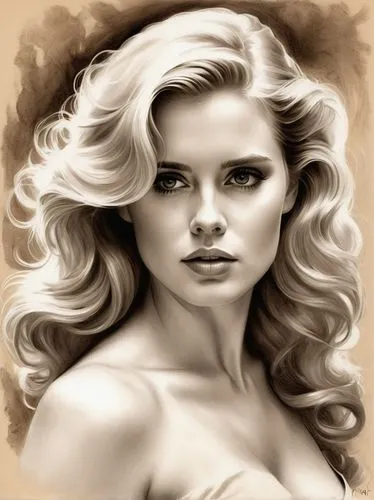 Beautiful blonde Amy Adams in the style of Boris Vallejo, in sepia tones, a pencil drawing portrait with brush strokes, soft lighting, a full body with her head resting on her hands, a romantic and my