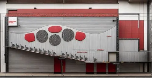 an exterior view from the road of a movie theatre building ,roller shutter,garage door,loading dock,door-container,commercial hvac,closed container,shipping container,gas compressor,commercial air con