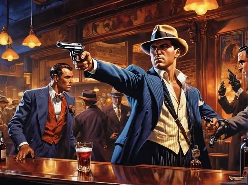 mafia,prohibition,unique bar,gentleman icons,gunfighter,revolvers,game illustration,wild west,assassination,pistols,drinking establishment,pub,deadwood,liquor bar,al capone,bartender,mobsters welcome sign,gambler,barman,holmes